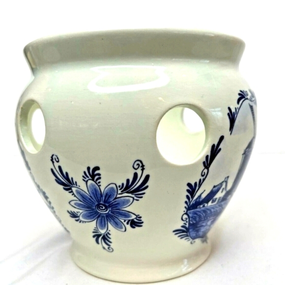 Delft Blue Round Bulb Planter Delftsche Huys Holland Windmills Boats Florals - Picture 5 of 7